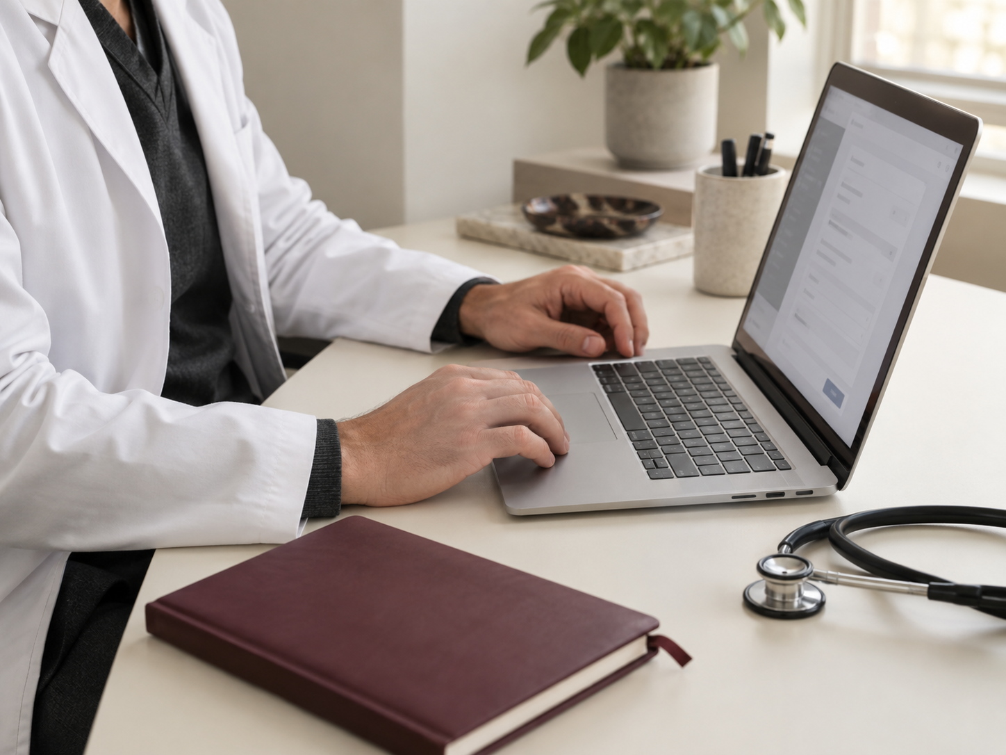 A licensed clinician reviewing information on a laptop