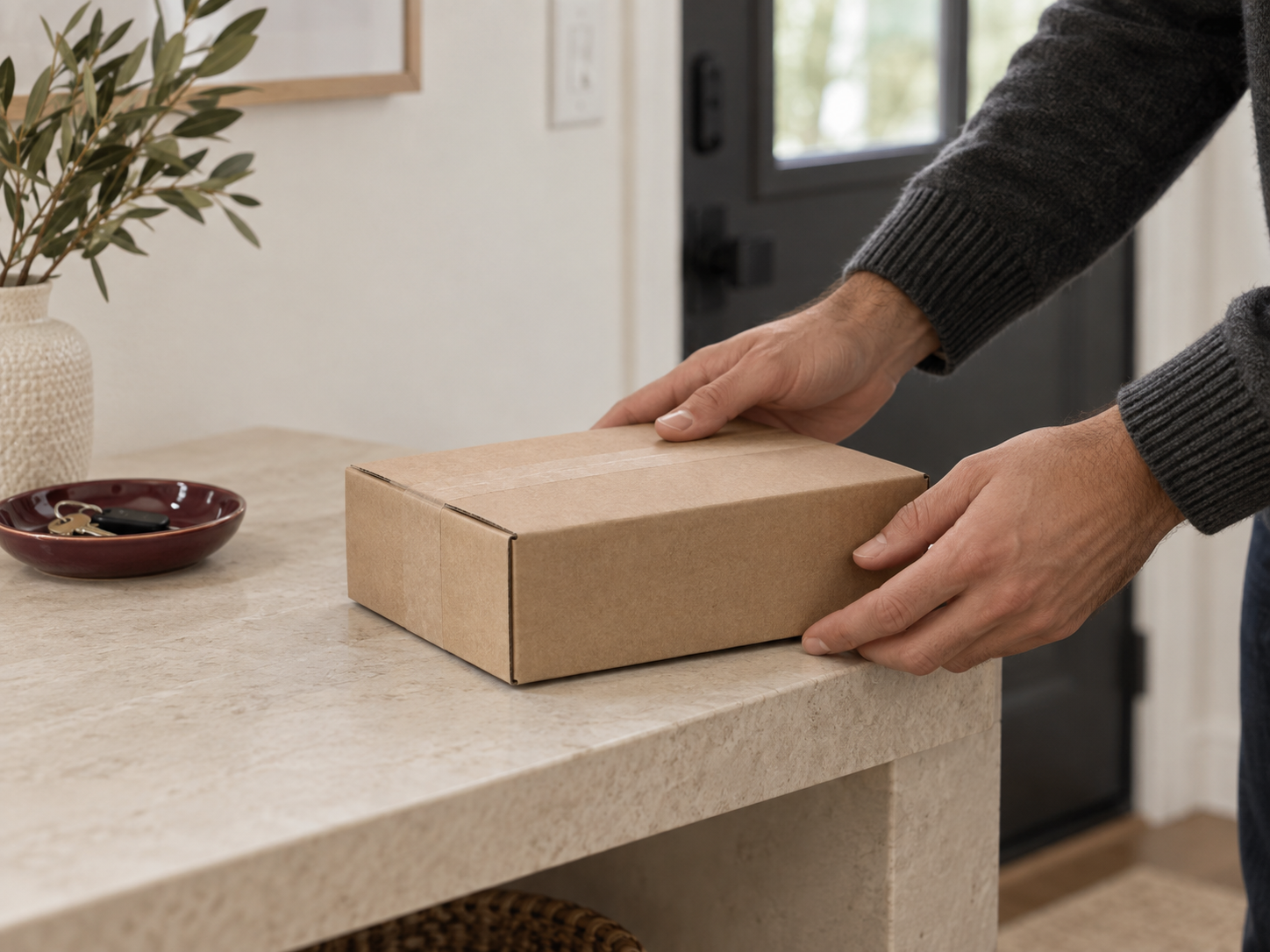 A discreet unbranded package being placed inside a home