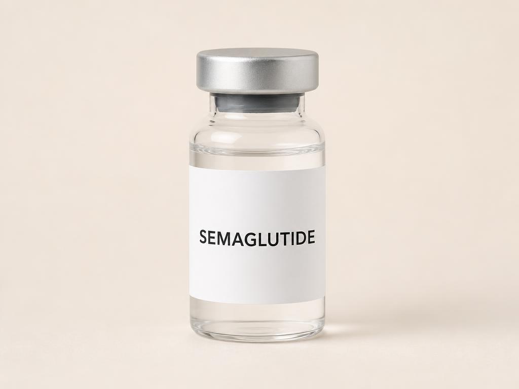 Vial labeled Semaglutide on a cream background